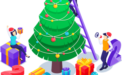 Illustration of people setting up Christmas tree